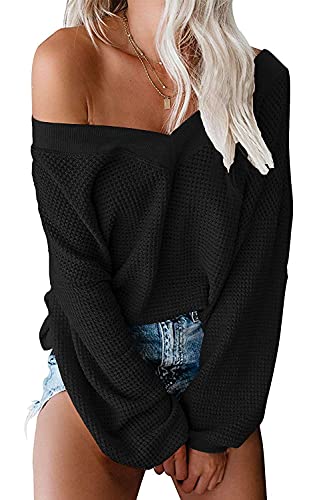 ReachMe Womens Oversized Off The Shoulder Tops Long Sleeve Waffle Knit Shirt V Neck Pullover Sweater (Black,XL)