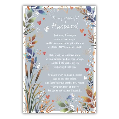 IC&G Birthday Card for Husband - Sentimental Wording & Floral Dragonfly Design - Foil Finish - Stylish Birthday Greeting Card for my Wonderful Husband - For Him