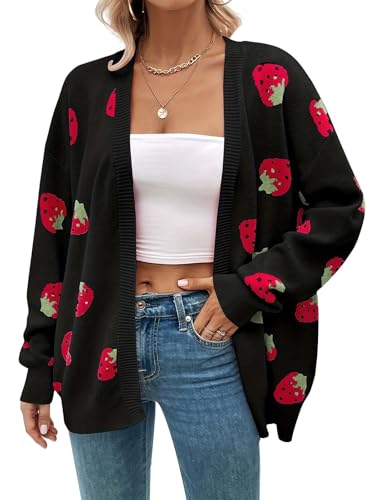 ebossy Womens Strawberry Sweaters Cartoon Kwaii Knit Long Sleeve Open Front Loose Slouchy Cardigan Outwear (Small Black)