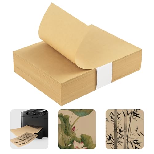 Flewdart 100pcs papel arroz A4 imprimible espesar, rice paper xuan imprimir para tinta china japonesa chinese calligraphy pintura, papel chino, 60g/m²(Papel Xuan cocido​​ dorado)