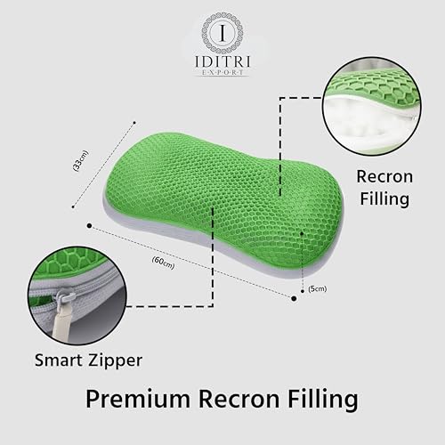 Image of Ergonomic Curved Cooling Gel Pillow, Microfiber Filled with Hexagonal TPE Grid Layer, Neck & Shoulder Support, Air Flow Design, Zippered Washable Cover, 24x13x5 inch, Green