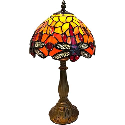 Loxton Lighting Classic Orange Dragonfly Tiffany Stained Glass Table Lamp - 8 inch Diameter - Great for Living Rooms, Hallways, and Bedrooms