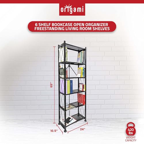 Image of Origami 6-Shelf Bookcase | Open Style, Organizer Deco Rack, Large Book shelf, Tall Bookcase, Living room shelving, Freestanding, No assembly /no tools required, Modern Vertical Furniture | Black