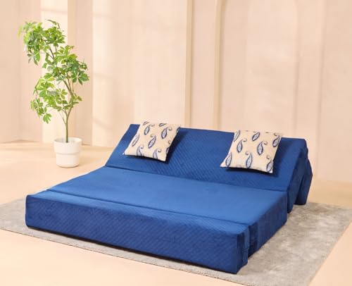Image of uberlyfe Xtra High, Xtra Soft 3 Seater (5' x 6') Sofa Cum Bed | 1 Year Warranty | 17 inch Sofa Height | Queen Size Foldable Bed | Plush Laser Quilted Fabric | 2 Cushions Paisley Pattern | Deep Blue Color