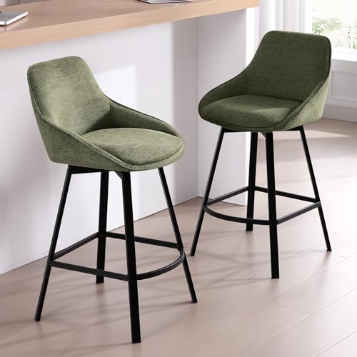 Image of Zesthouse Swivel Bar Stools Set of 2, Modern Counter Height Barstools with Backs, 26'' Upholstered Linen Fabric High Chairs for Island Kitchen, Counter Height Chairs with Metal Legs, Green