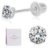 14k White Gold Solitaire Cubic Zirconia CZ Stud Earrings with Secure Screw-backs (3mm)
