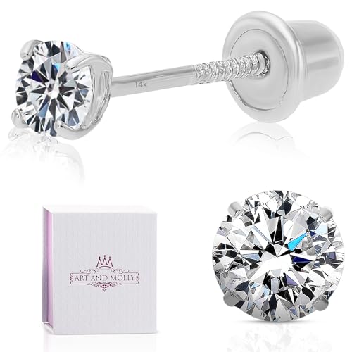 Art and Molly 14K Solitaire White Gold Earring – Small 3mm Round Cubic Zirconia Small Stud Earrings with Screw Back, CZ Studs with Gift-Ready Box