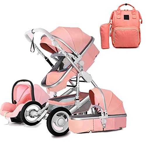 2 in 1 Foldable Pram Stroller Travel System Baby Stroller,Compact Convertible Carriage Stroller,5-Point Harness and High Storage Basket (Color : Pink)
