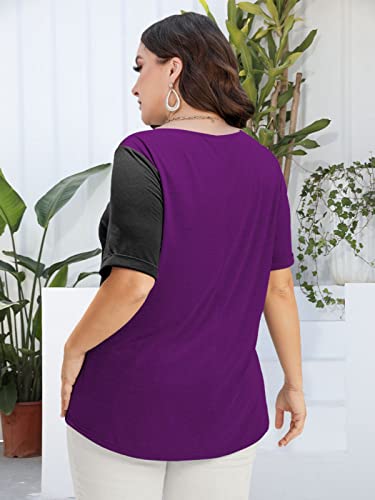 Corfrute Women Tops Plus Size T-Shirt Colorblock Contrast Button Tunic Tops Casual Summer Blouses Shirts Cuffed Sleeve (Purple，Xl) #TOP2