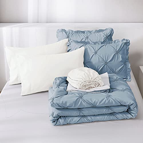 JOLLYVOGUE Light Blue/Ivory Twin Size Comforter Sets 5 Pieces, Pintuck Bed in a Bag Comforter Set for Bedroom, Bedding Comforter Sets with Comforter, Sheets,Ruffled Shams & Pillowcases