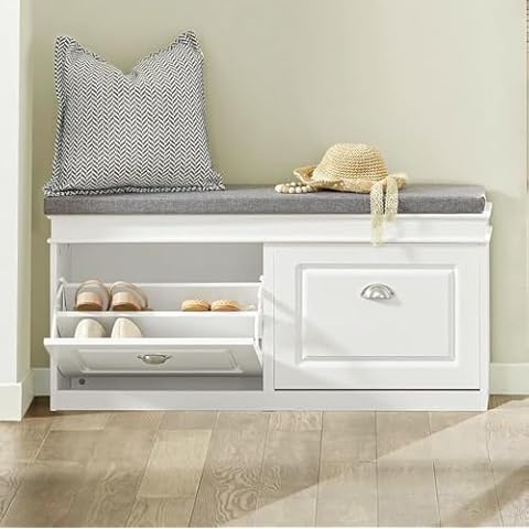 Haotian White Shoe Storage Bench with 2 Flip Drawers & Padded Seat Cushion, Modern Design Shoe Storage Hallway Shoe Cabinet Shoe Bench Slim Entryway Shoe Organizer for Bedroom FSR64-W Cover