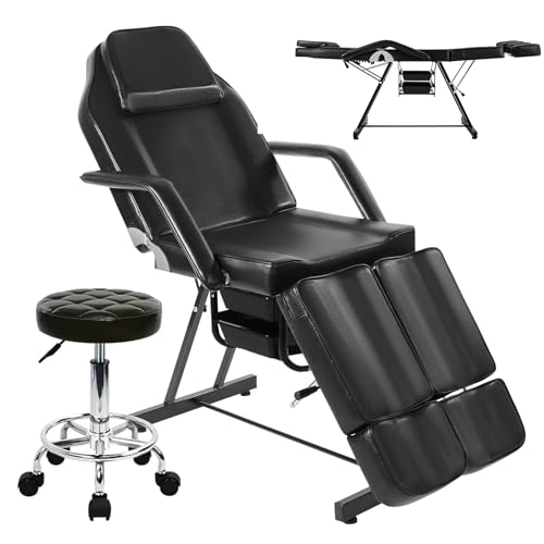 Hicomony Tattoo Chair for Client with Rolling Stool, Tattoo Bed Table with Split Legs, Black Esthetician Bed Facial Chair, Adjustable Lash Spa Chairs(Rooling Stool, Black)