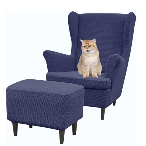 Juego de fundas para sillón orejero y otomana azul marino que soluciona el desgaste del asiento