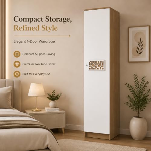 Image of Echo Multipurpose 1-Door Wardrobe | Engineered Wood | 4 Spacious Shelves & Drawer | Lyon Teak & White Finish | Compact & Durable | Easy Knock-Down Assembly