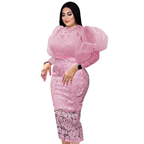 Image of ONTINVA Women's Floral Lace Long Sleeve Patchwork Mesh Slim Pencil Midi Dress