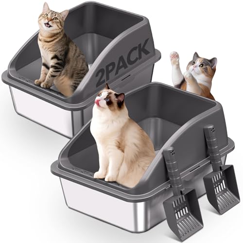KITCATY 2PACK Stainless Steel Cat Litter Box 20 L x 13.8 W x12 H Metal Kitty Litter Box with Lid Never Absorbs Odors Leak-Proof Non-Sticky Easy to Clean with Scoop