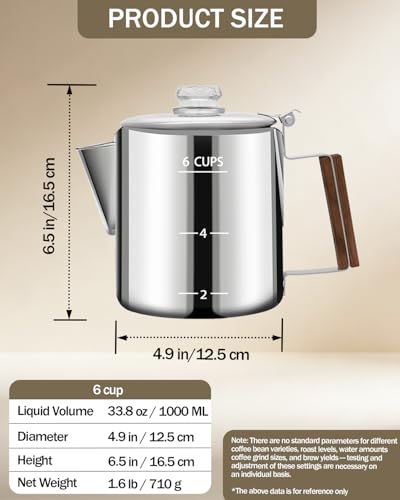 Image of Coffee Maker Coffee Percolator 304 Stainless Steel Pot Stovetop Easy Brewing Even Heating 6 Cup 33.8oz 1000ml Silver Classic Design Heat Resistant Home Camping Outdoor