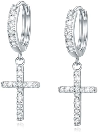 Me&Hz Sterling Silver Plated Cross Earrings Silver Huggie Hoop Earrings Cubic Zirconia Cross Charm Dangle Drop Earrings for Women Men Teen Girls, Sterling Silver Brass Cubic Zirconia, Cubic Zirconia