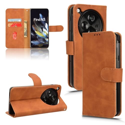 Étui à rabat pour Oppo Find N3 en cuir PU marron avec dragonne de protection