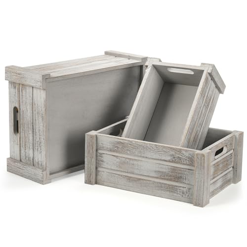 Hacaroa 3 Pack Wood Crates with Handles, Rustic Nesting Storage Container Box Decorative Wooden Basket Bins for Fruit, Vegetable, Home, Laundry, Farmhouse, 3 Sizes