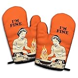 Jxubeuro, Juego de 2 manoplas antideslizantes de silicona para horno con texto en inglés 'I am Fine, divertidas manoplas de cocina retro, regalo de cocina para mujeres, regalos de inauguración de la