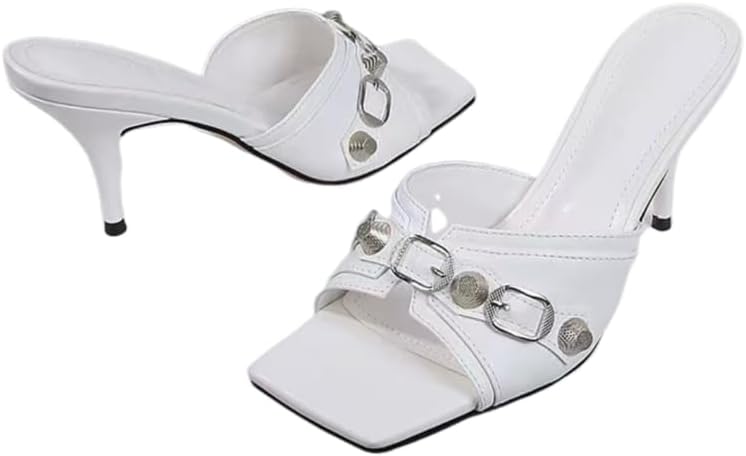 SEIFIN Women’s High Stilettos Heels Mules Open Square Toe High Heels Slip on Mules Comfort Sexy Dress Pumps Sandals Stiletto Mid Heel Heeled Sandals