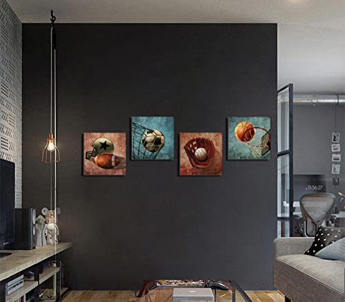 Boys Bedroom Decor Sports Decor Wall Art Rustic Basketball Soccer Football Baseball Nursery Home Decorations Vintage Canvas Prints Picture Sport Theme Posters Brown Blue Framed Wall Art Large Gift For Kids Teen Boys Girls 16”X16”, 4Panels #TOP3