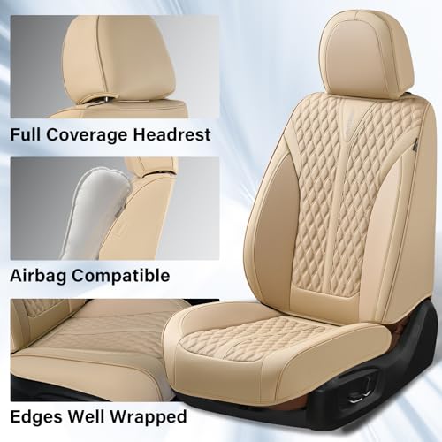 Image of Coverado Car Seat Covers Full Set, Waterproof Nappa Leather Seat Covers for Cars, Front and Back Car Seat Protector, Luxury Car Seat Covers, 5 Seats Universal Beige Car Seat Cover Fit for Most Cars