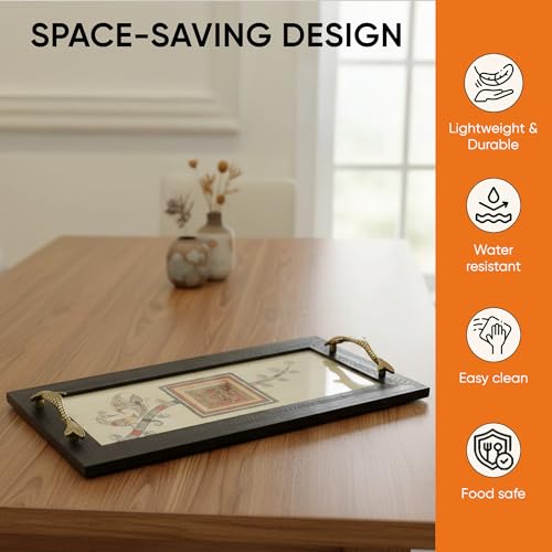 Image of Aakriti Art Creations Heritage Blend Tray, Serving Platter Beige | Madhubani Art with Matte Finish, Handcrafted Metal & Wood Tray with Handles | Tray for Kitchen Decor & House Warming Gifts