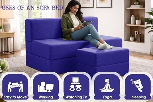 Image of Rosebell Foldable Sofa-Cum-Bed with Ottoman | 3-in-One Foldable Sofa, Lounger & Bed-4x6 Feet Two Seater- Perfect for Home & Office -Purple-Color