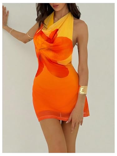 MakeMeChic Women's Floral Halter Dress Open Back Draped Front Bodycon Mini Dresses2