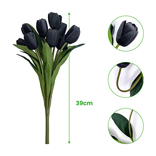 SNAIL GARDEN 3 Bunches/27pcs Black Artificial Flowers,Fake Silk Tulips Real Touch Faux Flowers Bouquet forHome Party Floral Arrangements Decor,Halloween Decorative Flowers - Image 3
