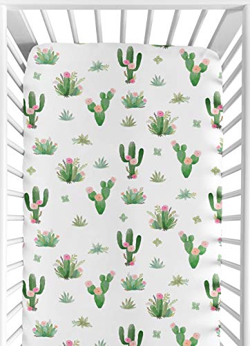 Image of Pink Green Boho Watercolor Baby or Toddler Fitted Crib Sheet for Cactus Floral Collection by Sweet Jojo Designs