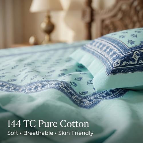 Image of Mafatlal 144 TC Heritage Queen Size Flat Bedsheet for Double Bed (90 x 100 Inches)| with 2 Pillow Covers | Soft & Smooth Printed Bedsheet for Daily Use | Glacier Blue