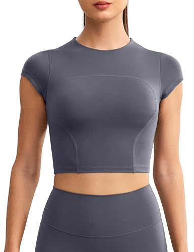 ENERBLOOM Workout Crop Tops for Women Yoga Short Sleeve Mild Support Slim Fit Cropped Athletic Shirts Gym Tee Built in Bra Gray Medium
