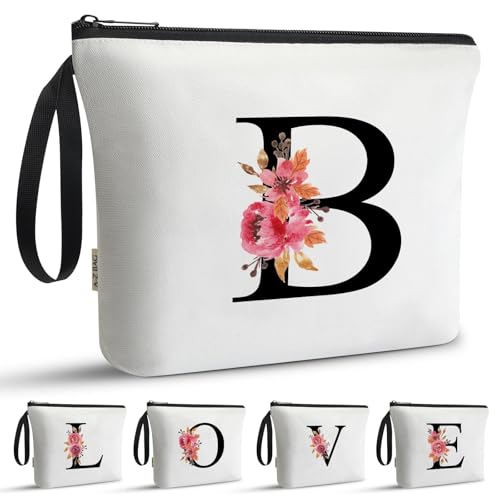 A-Z BAG Initial Makeup Bag for Women, Bridal Bridesmaids Gifts (B, White)