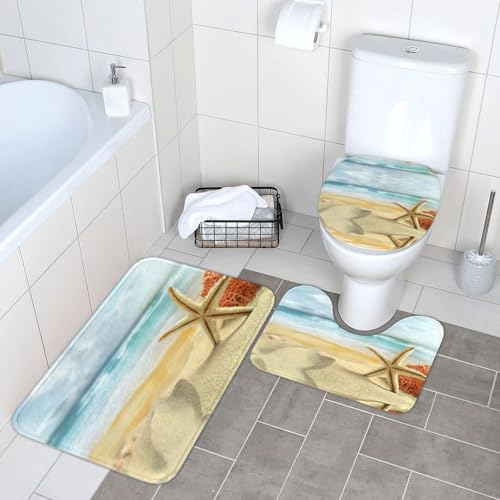 Fgwaauh Lot de 3 tapis de salle de bain modernes en forme d'étoiles de mer et de corail sur plage de sable - Tapis de contour en forme de U - Tapis de sol et...