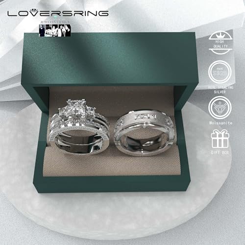 Wedding Ring Sets His And Hers Promise Ring Wedding Ring Sets His And Hers Couples Women 925 Sterling Silver Square Cut Moissanite Man titanium Moissanite Wedding Band2