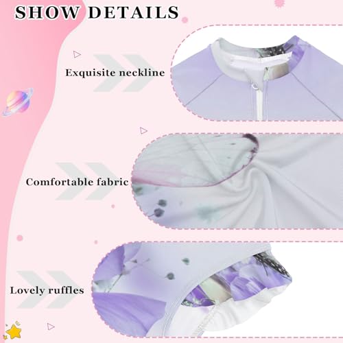 Girls One Piece Swimsuits Long Sleeve Swimsuit Zipper Bathing Suits Purple Rose Flower Butterfly3