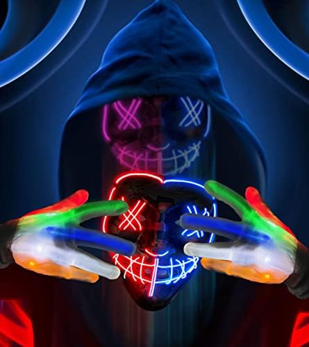 Scary Halloween Mask Skeleton Gloves Costumes for Women Men, 3 Modes Purge Mask Light Up 6 Modes LED Glow Gloves, Anonymous Scream Halloween Mask, Halloween Purge Mask