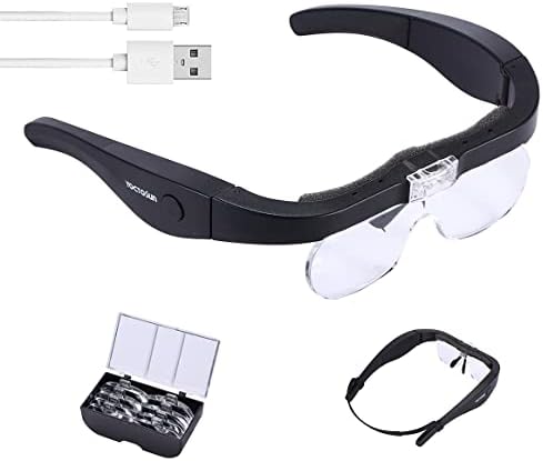 YOCTOSUN Rechargeable Magnifying Glasses, Head Magnifier Glasses with 2 LED Lights and Detachable Lenses 1.5X, 2.5X, 3.5X,5X, Best Eyeglasses Magnifier for Reading and Hobby