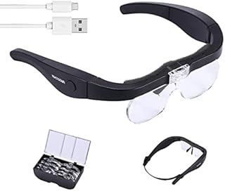 YOCTOSUN Rechargeable Magnifying Glasses, Head Magnifier Glasses with 2 LED Lights and Detachable Lenses 1.5X, 2.5X, 3.5X,5X, Best Eyeglasses Magnifier for Reading and Hobby