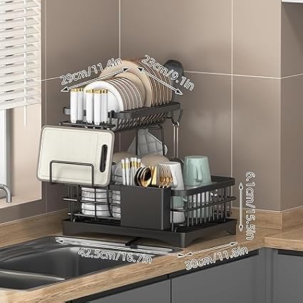 Image of Dish Drying Rack,2-Tier Extendabl Dish Drainer Rack with Drip Tray for Kitchen Counter,Metal Dish Drainer with Cutlery Holder,Drainboard,Cup,Chopping Board Holder,Space-Saving Dish Organizer