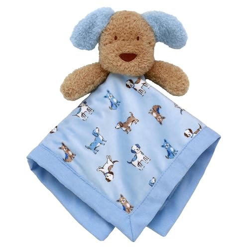 Image of Plush Puppy Snuggle Blanket with Satin for Baby, 14 inch, Tan with Light Blue