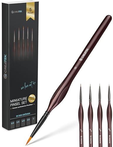 CreaTek - 5 extra feine Pinsel Acryl für höchste Präzision & Details | Premium Bi-Nylon Technologie - Künstlerpinsel Miniatur Pinsel Set, Modellbau & Malen nach Zahlen Pinsel