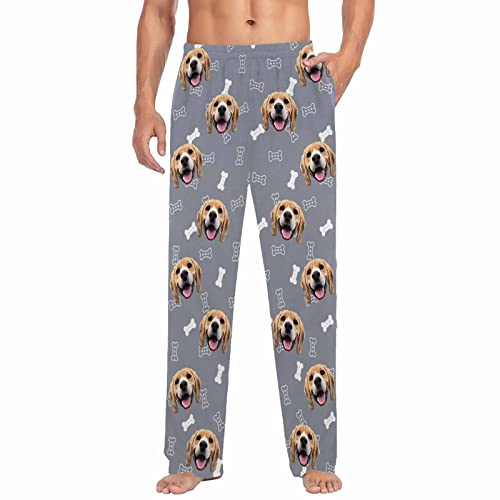 Customized Pet Face Pajamas Pants for Men, Personalized Pet Dog Bone Gray Pajamas Bottoms with Dog Cat Photo Pjs Trousers Lounge Sleepwear XL