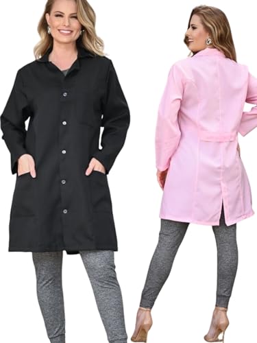 Kit 2 Jaleco Oxford Feminino Acinturado Bolso Solto ROSA E PRETO M