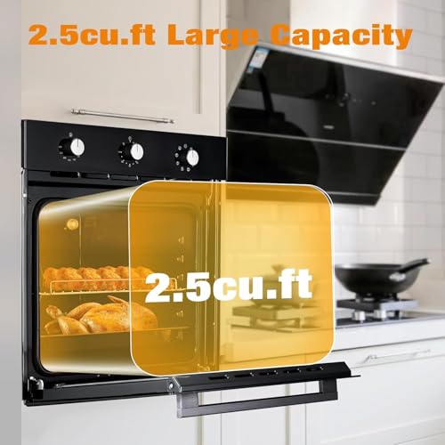 Single Wall Oven 24" Built-in Electric Ovens with 5 Cooking Modes, 3000W, 240V, 2.5Cu.f Convection Wall Oven in Stainless Steel with Bake Broil Rotisserie Functions - Air Frying Mode, Timer, Knobs