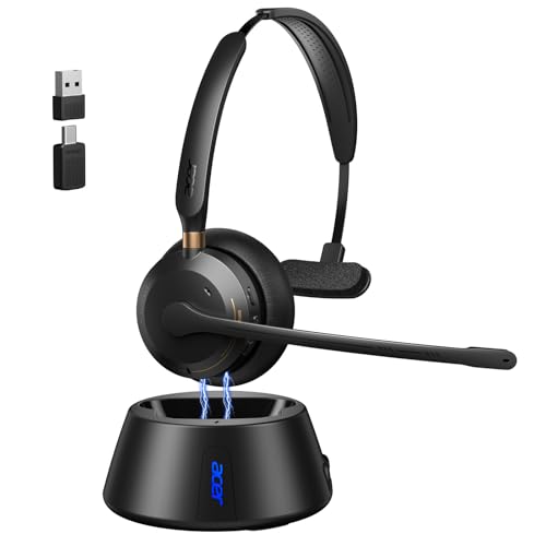Wireless Headset with Mic for Work, AI ENC Noise Cancelling for Clear Call & Meeting, Single Ear Work Headset with Charge Stand for Remote & Office. Bluetooth 5.3 & USB 2.4G Dongle for Zoom & Teams
