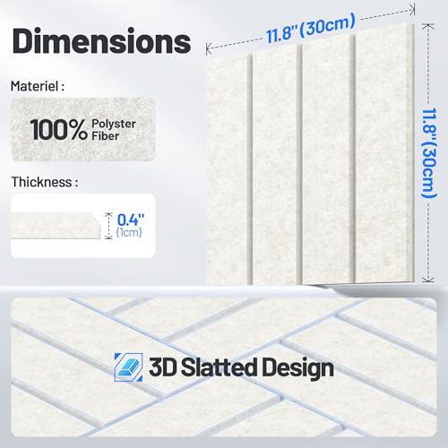 Image of 20 Pack Sound Proof Foam Panels for Walls, Acoustic Panels Self-Adhesive | 12 inch X 12 inch X 0.4 inch Slatted Soundproof Wall Panel, High Density Sound Absorbing Panel for Gaming Recording Studio Decor-Ivory